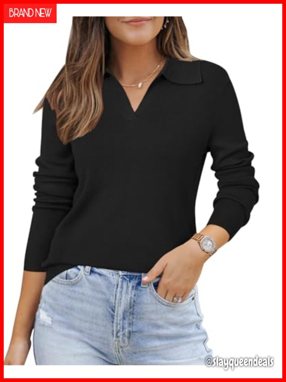 Wool Blend Collared V-Neck Polo Pullover Sweater Business Casual